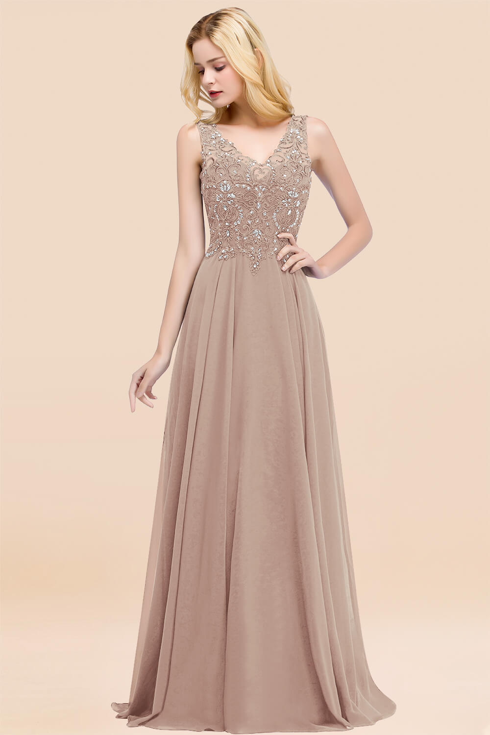 BMbridal Affordable Lace V-Neck Navy Bridesmaid Dresses With Appliques-BMbridal