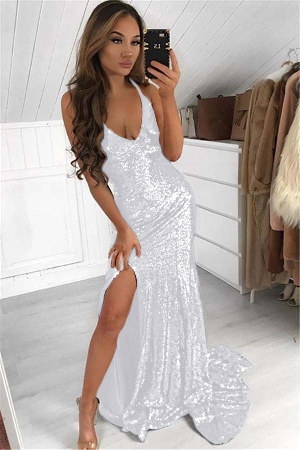 Dark Navy Halter Sleeveless Split Long Sequins Prom Dress Modern V Neck