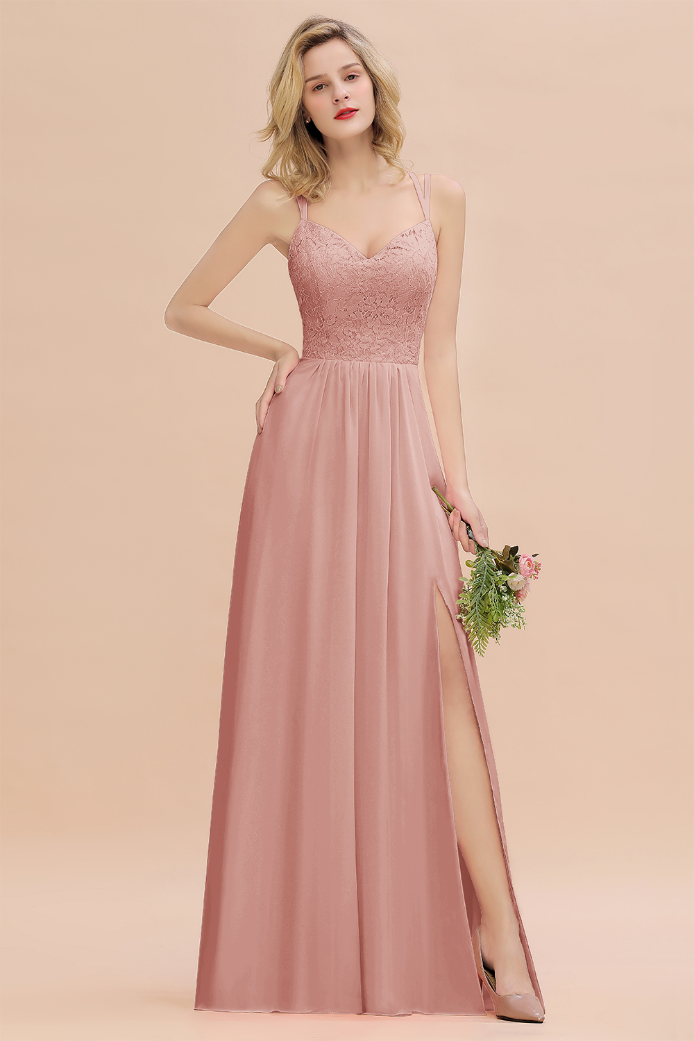 BMbridal Spaghetti-Straps Coral Lace Bridesmaid Dresses with Slit-BMbridal