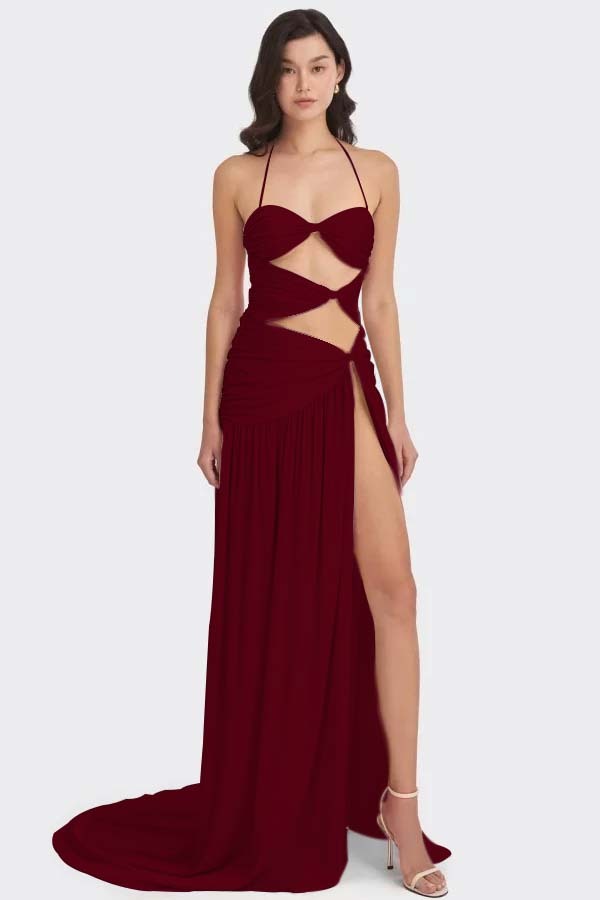 Chic Sleeveless Halter Long High Split Prom Dress With Pleated