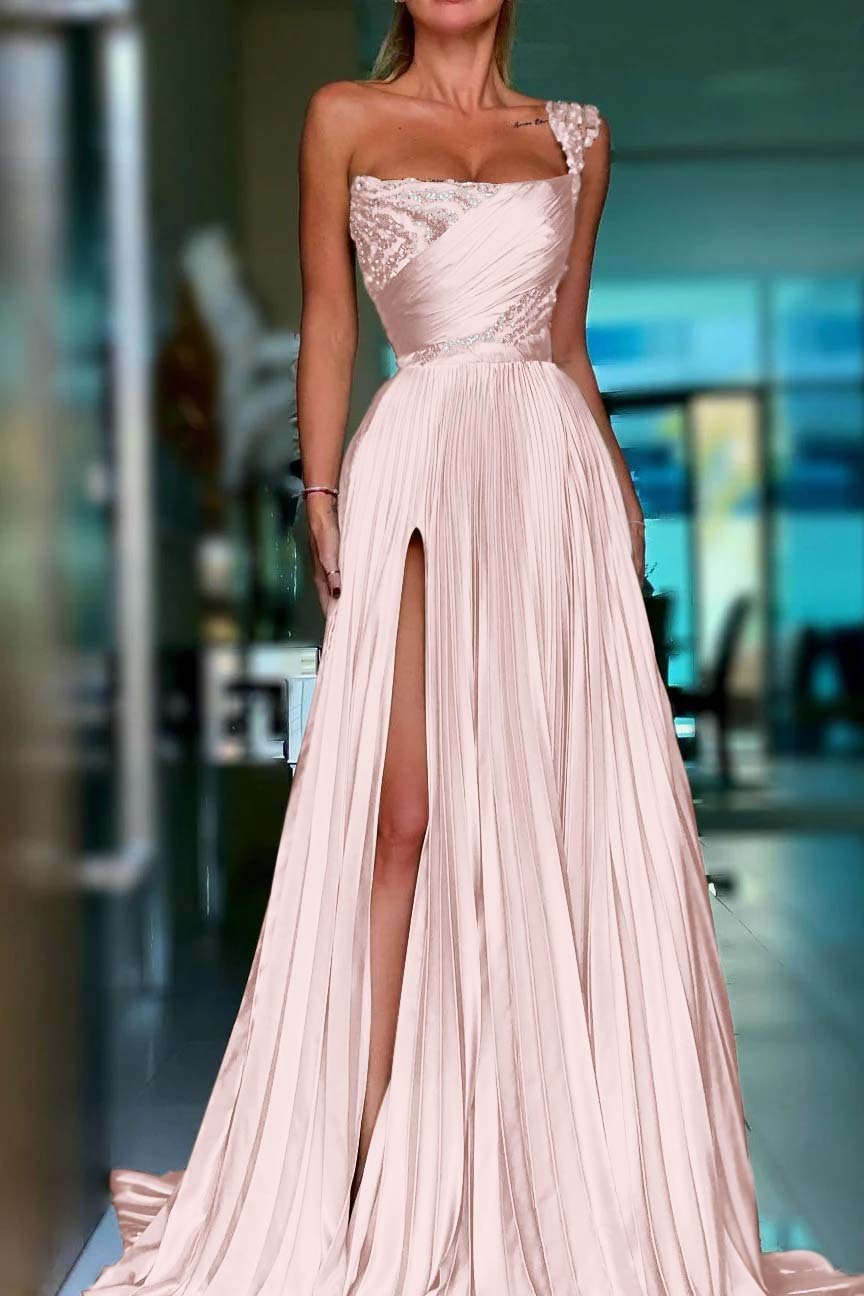 One Shoulder Sleeveless Long Prom Dress With High Split Sequins