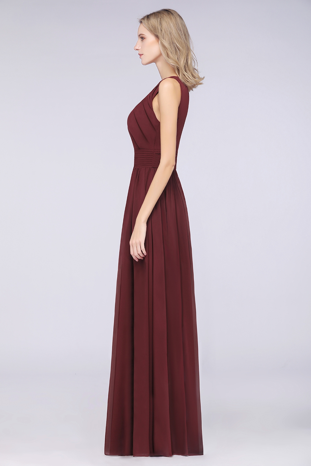 BMbridal Modest Round-Neck Sleeveless Burgundy Bridesmaid Dresses with Ruffles-BMbridal