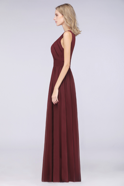 BMbridal Modest Round-Neck Sleeveless Burgundy Bridesmaid Dresses with Ruffles-BMbridal