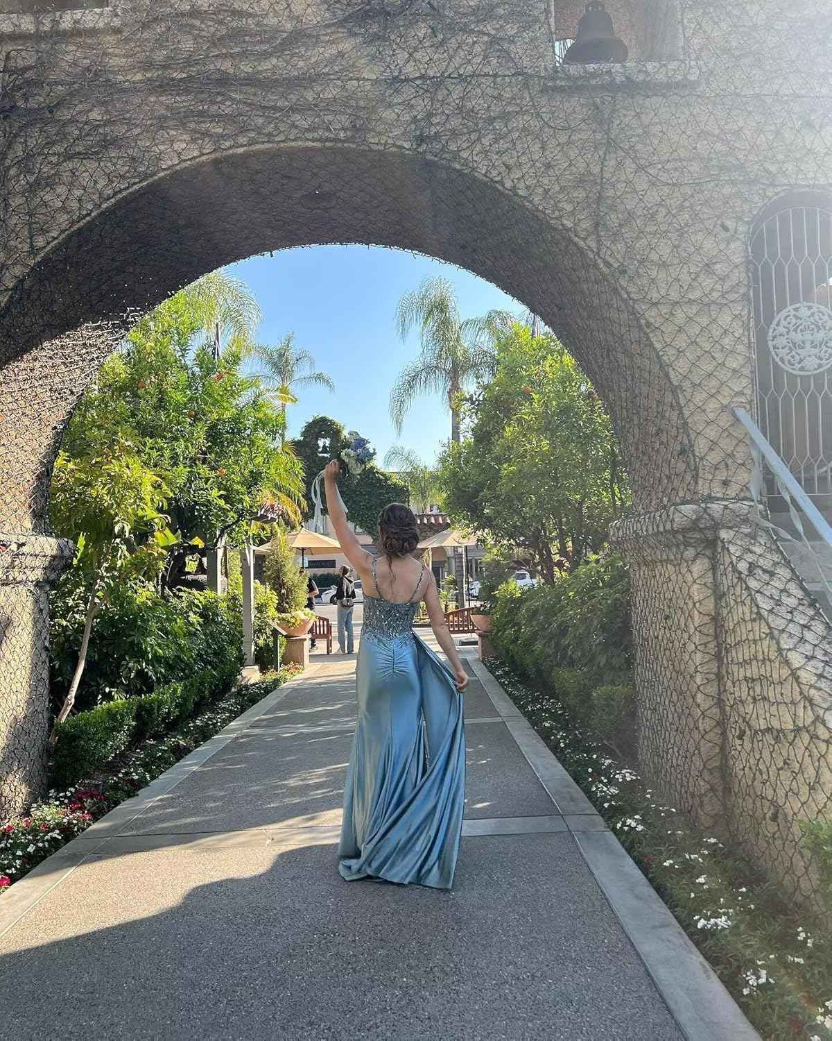 V Neck Satin Prom Dresses Long Mermaid Lace Evening Gown with Slit Pleated Bodycon Formal Dress with Tail-BMbridal.UK