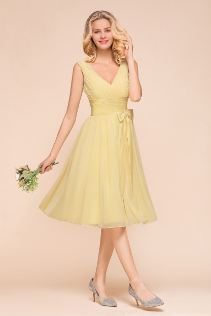 BMbridal Affordable V-Neck Daffodil Chiffon Short Bridesmaid Dress with Ruffle-BMbridal
