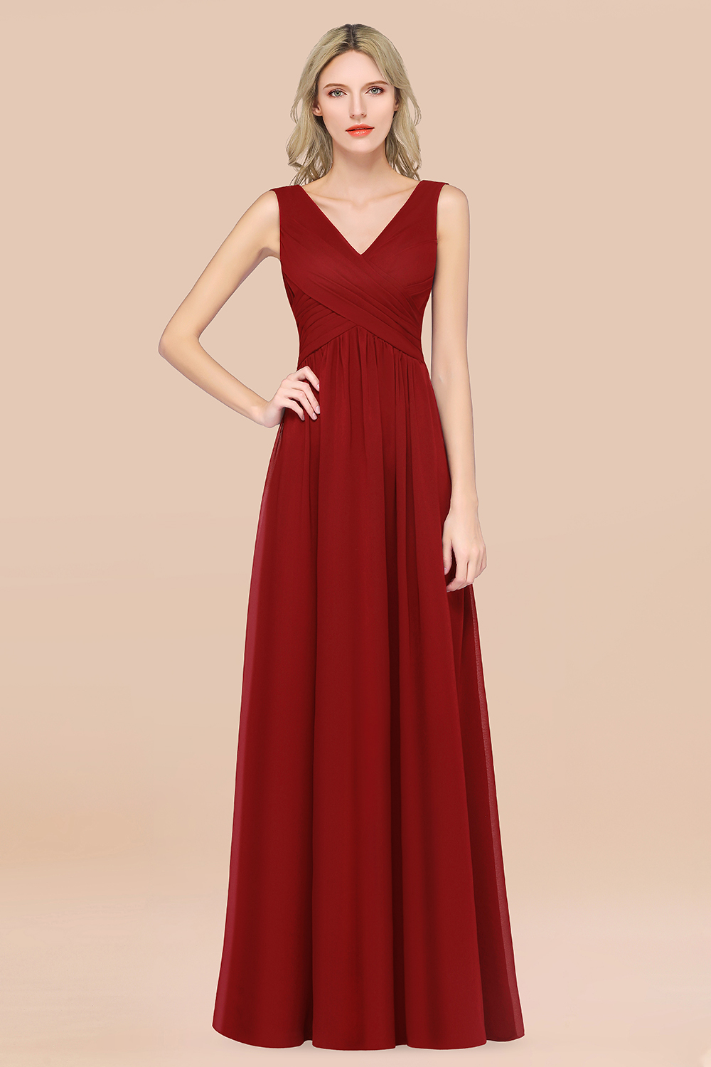 BMbridal Glamorous Chiffon V-Neck Sleeveless Burgundy Bridesmaid Dress with Draped Back-BMbridal