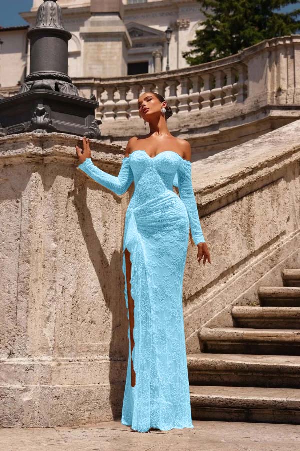 Off the Shoulder Long Sleeves Long Mermaid Prom Dress With Lace Appliques