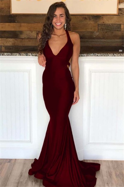 Halter V Neck Sleeveless Long Mermaid Prom Dress With Pleated