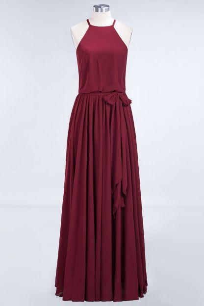 BMbridal Affordable Halter Bow Long Bridesmaid Dress Modest Burgundy Chiffon Wedding Party Dress-BMbridal