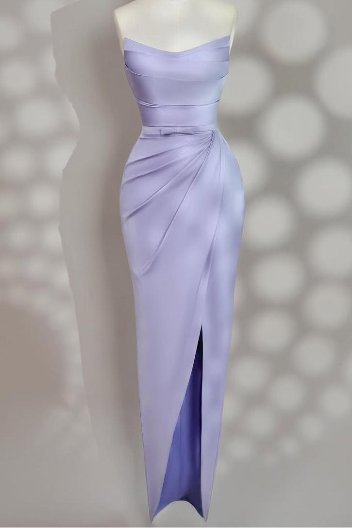 Strapless Sleeveless Long Split Prom Dress With Pleated Bowknot
