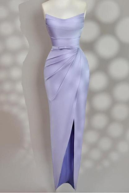 Strapless Sleeveless Long Split Prom Dress With Pleated Bowknot