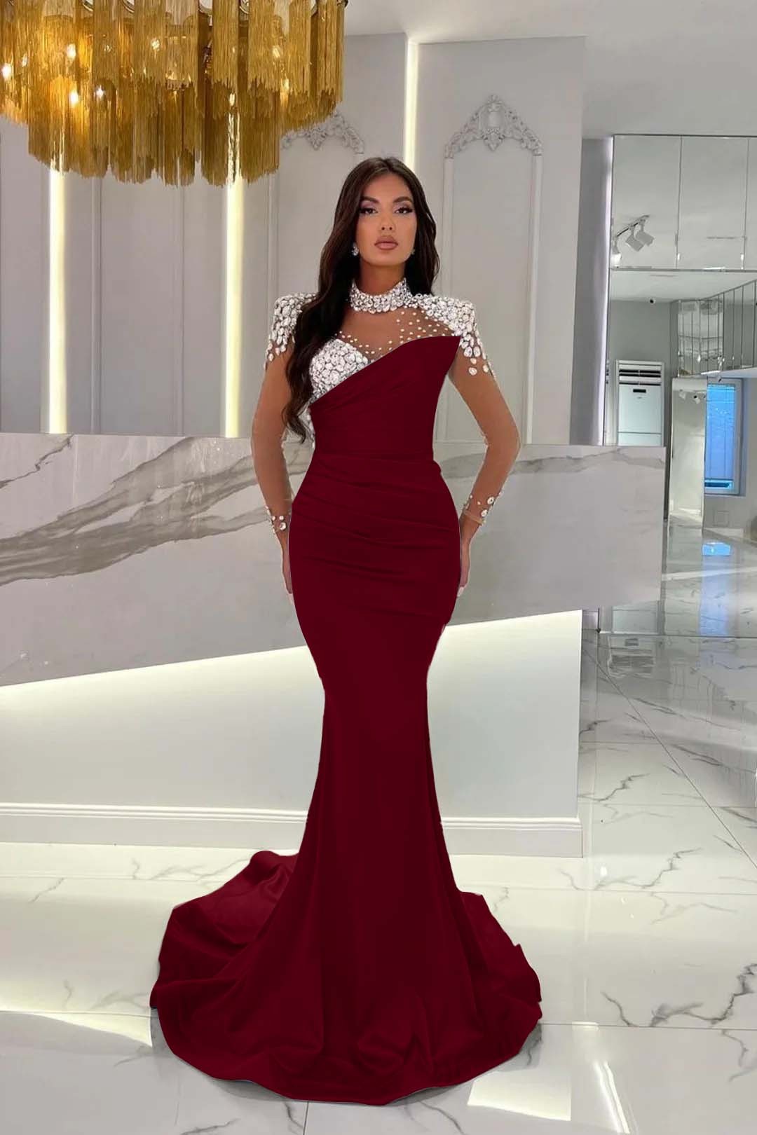 Dusty Blue Prom Dress Long Mermaid Tulle With Beading Ruffles