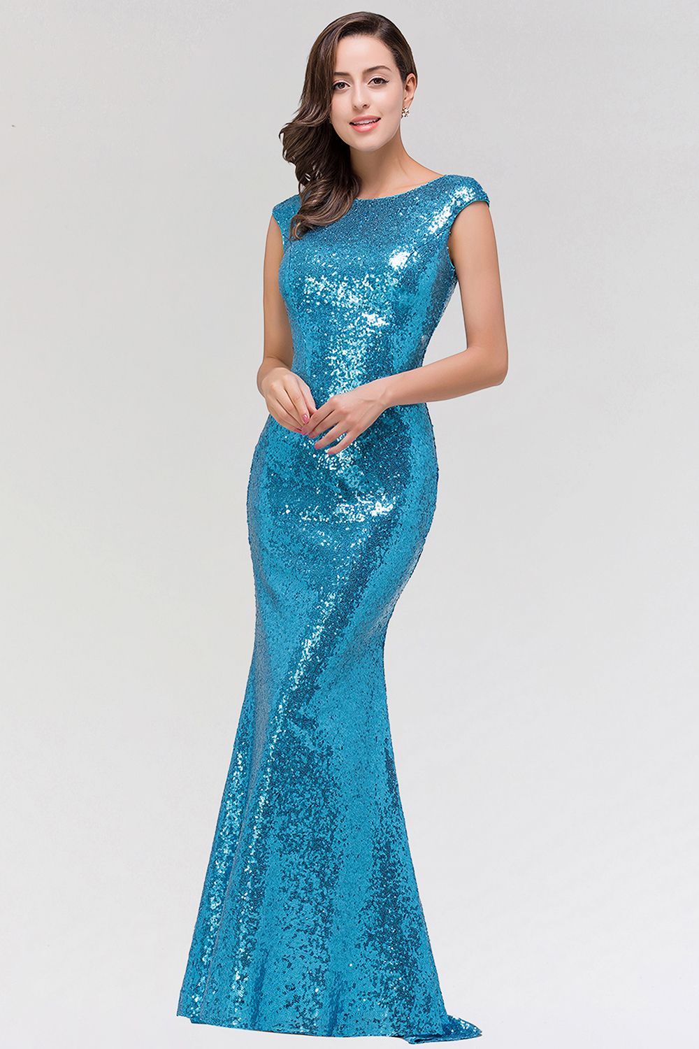 BMbridal Shinny Sequined Long Mermaid Blue Affordable Bridesmaid Dress-BMbridal