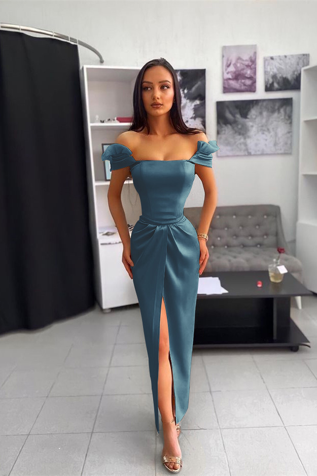 Off the Shoulder Split Ankle Long Prom Dress With Chic Wrinkle