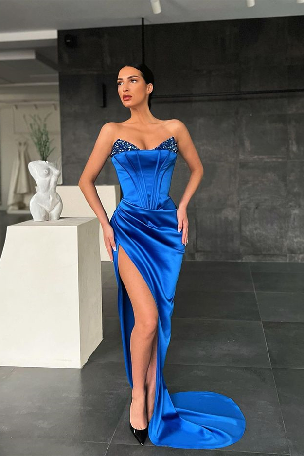 Mermaid Royal Blue Strapless Sleeveless Prom Dress High Split With Sequins