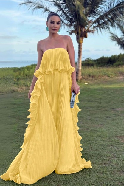 Charming Strapless Sleeveless Long Prom Dress With Pleated Ruffle