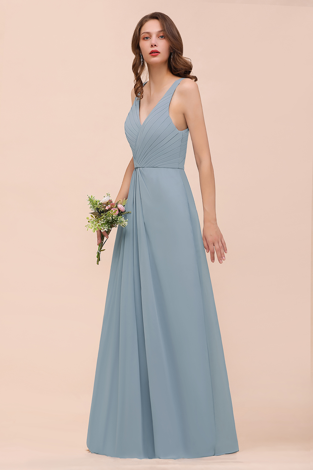 BMbridal Elegant V-Neck Ruffle Dusty Blue Chiffon Bridesmaid Dresses Online-BMbridal