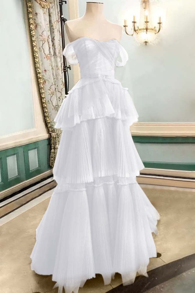 Strapless Off the Shoulder Sleeveless Long Prom Dress With Tulle