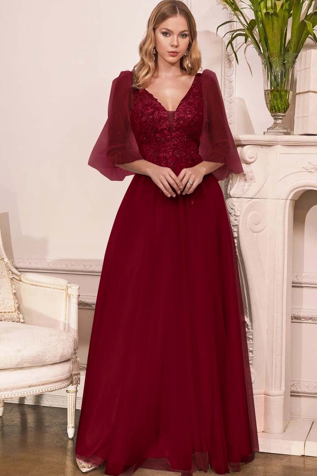 Charming Tulle V Neck Sleeveless Long Prom Dress With Appliques