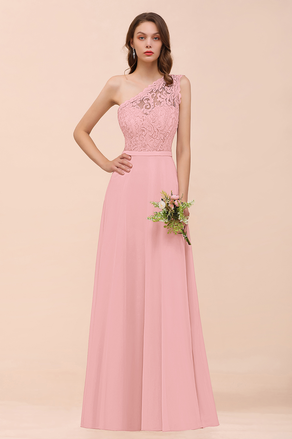 BMbridal New Arrival Dusty Rose One Shoulder Lace Long Bridesmaid Dress-BMbridal