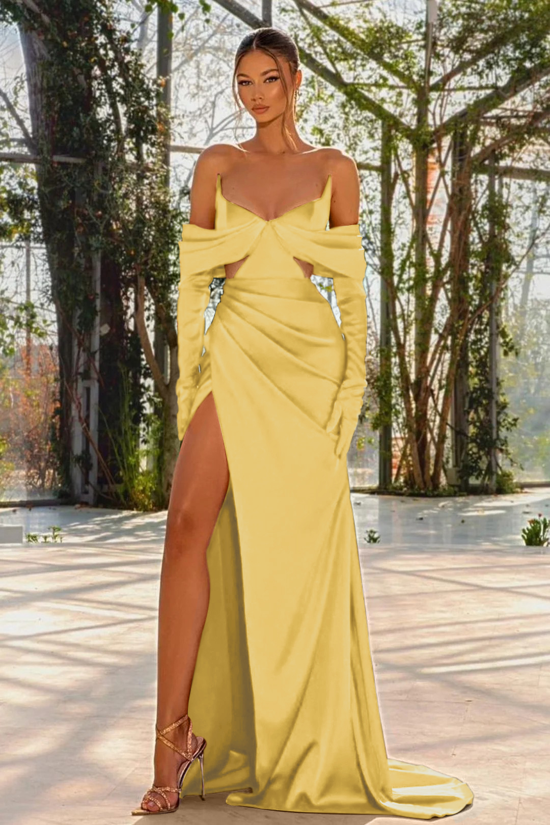 Off the Shoulder Prom Dress Red Half Sleeves With Slit Pleated Gloves