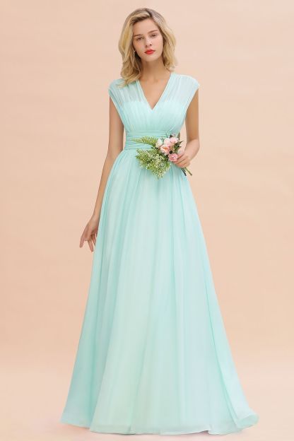 BMbridal Elegant Chiffon V-Neck Ruffle Long Bridesmaid Dresses Affordable-BMbridal
