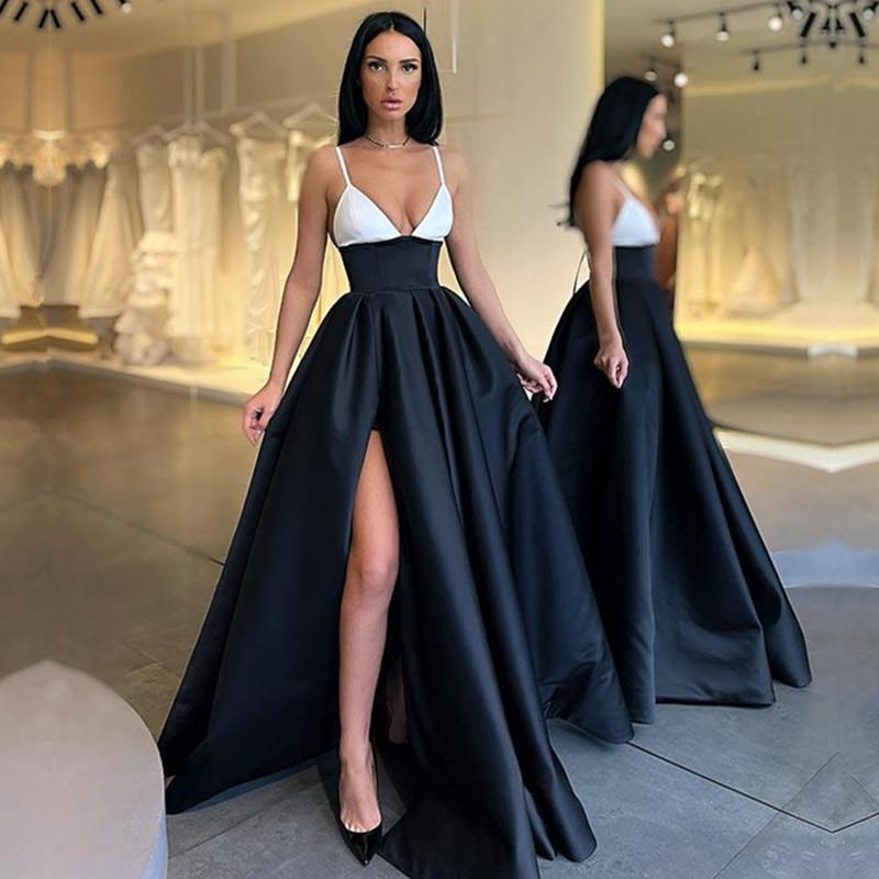 Black and White Spaghetti Strap V Neck Long Prom Dress With Front Split