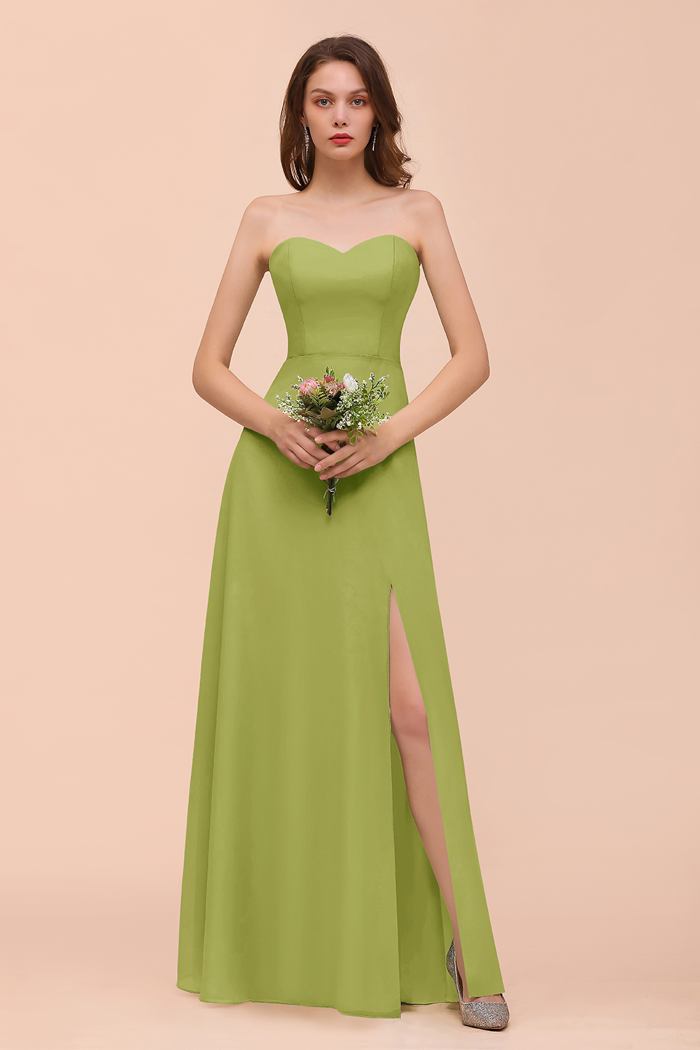 BMbridal Affordable Strapless Front Slit Long Dusty Sage Bridesmaid Dress-BMbridal