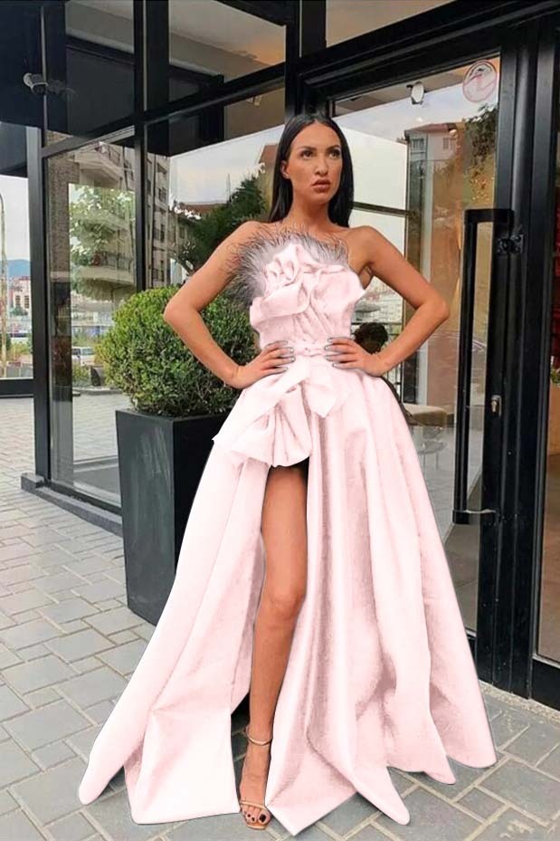 Strapless Sleeveless Long Black A Line Prom Dress High Split With Feather