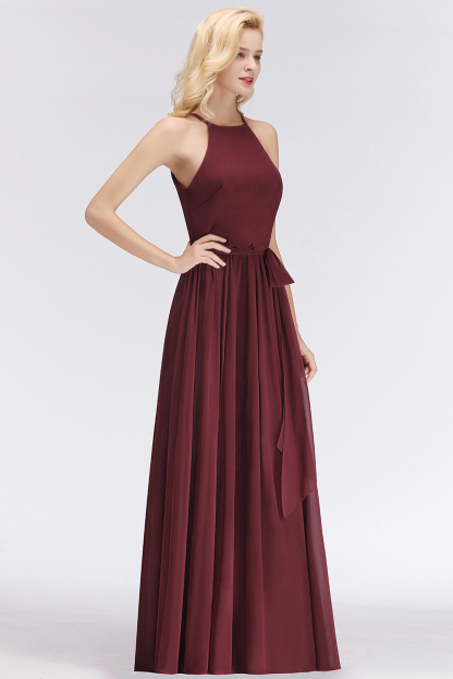 BMbridal Affordable Halter Bow Long Bridesmaid Dress Modest Burgundy Chiffon Wedding Party Dress-BMbridal