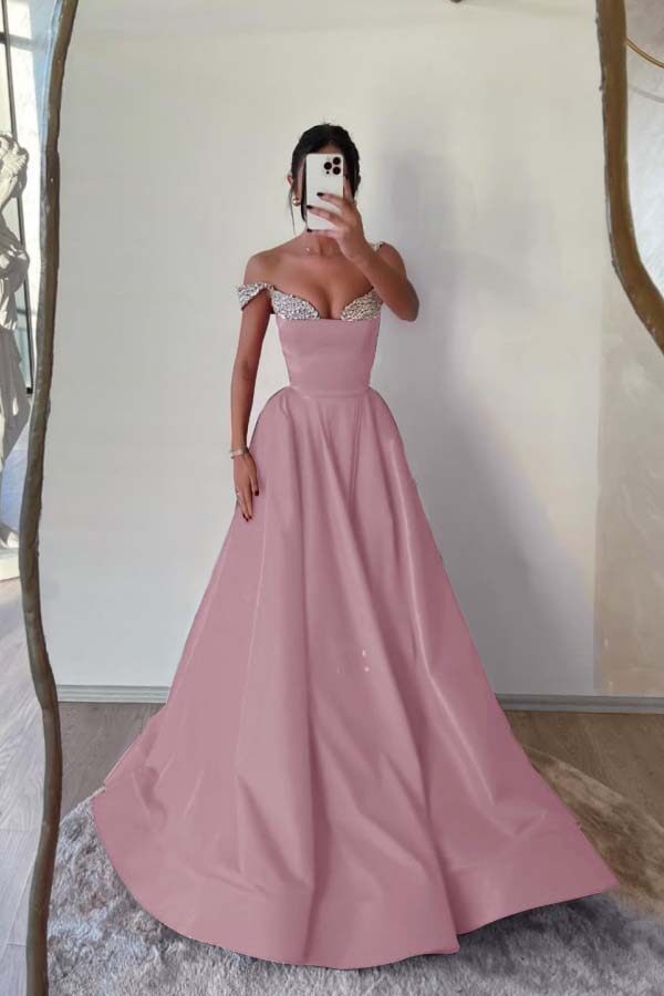 Off the Shoulder Sleeveless Long Prom Dress With Beading Pleated