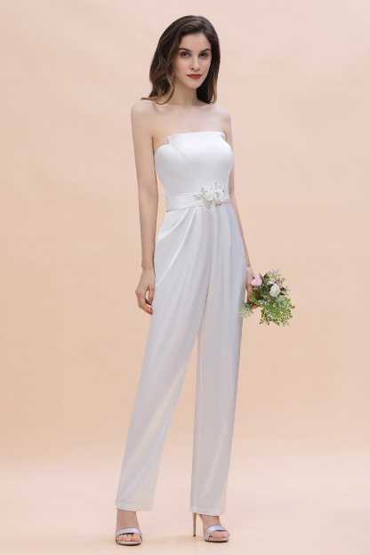 BMbridal Fashion Strapless Satin Sleeveless Bridesmaid Jumpsuit with Beading Flowers On Sale-BMbridal
