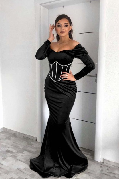 Off the Shoulder Prom Dress Dark Green Long Sleeves Mermaid