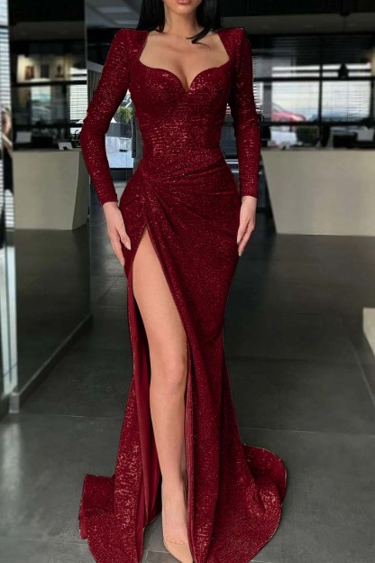 Long Sleeves High Split Long Prom Dress Mermaid With Sequins