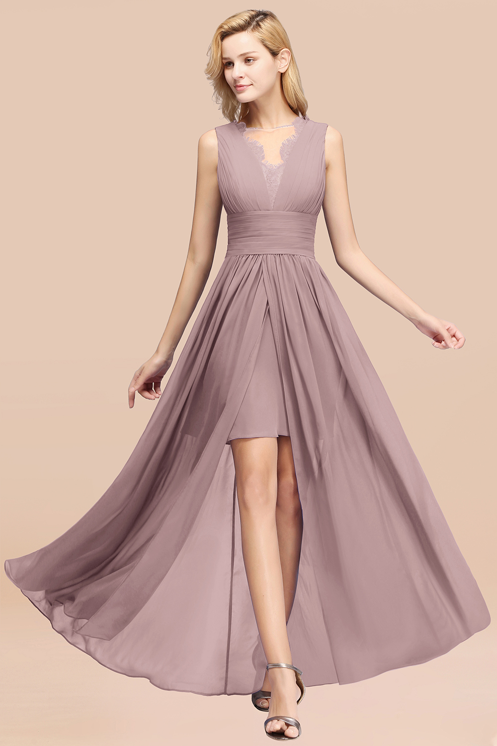 BMbridal Elegant Chiffon Lace Jewel Sleeveless Bridesmaid Dress with Ruffle-BMbridal