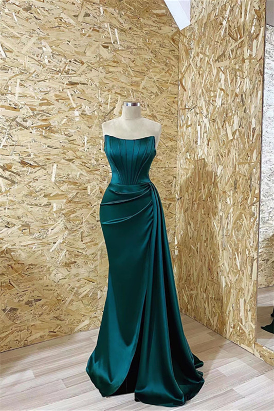 Modern Dark Green Strapless Mermaid Prom Dress Pleated With Ruffles