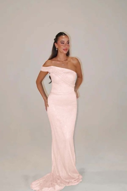 Sequins One Shoulder Sleeveless Long Mermaid Prom Dress With Pleated