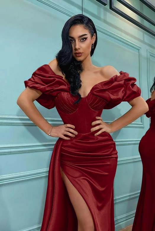 Pink Mermaid Off the Shoulder Sweetheart High Split Prom Dress With Pleated