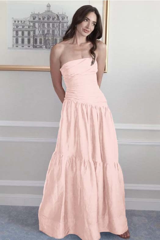 Strapless Sleeveless A Line Long Prom Dress With Pleated Pockets
