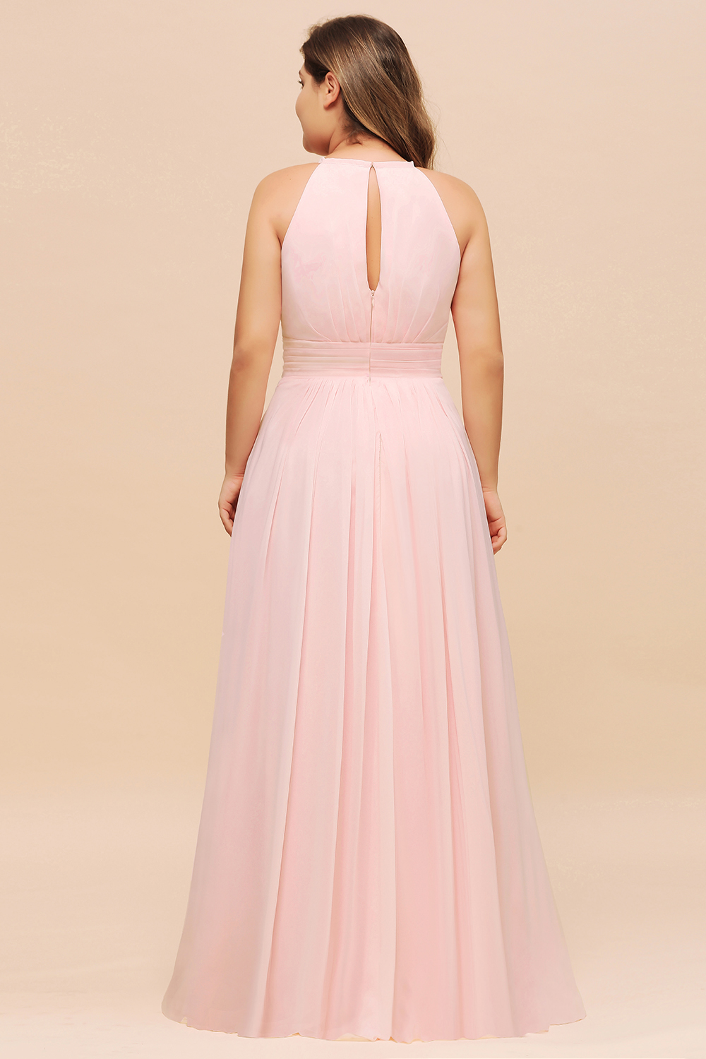 BMbridal Affordable Plus Size Chiffon Round Neck Pink Bridesmaid Dress-BMbridal