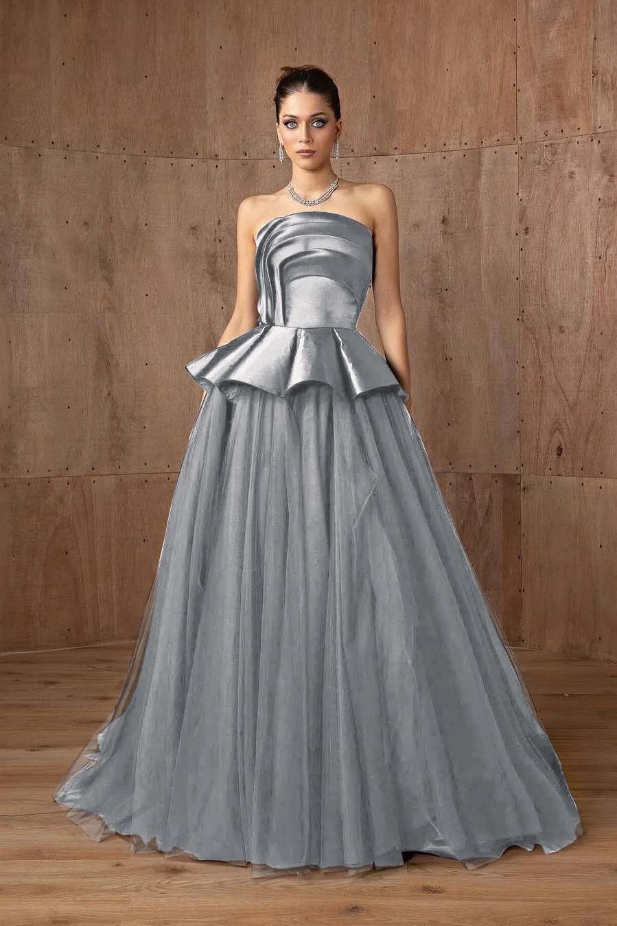 Tulle Strapless Sleeveless A Line Long Prom Dress With Ruffles