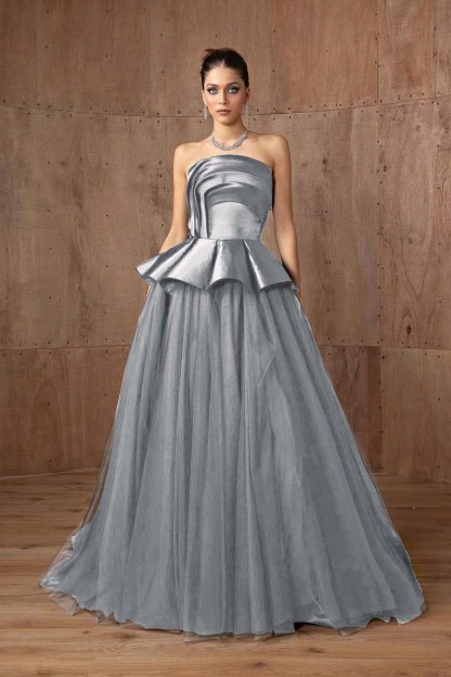 Tulle Strapless Sleeveless A Line Long Prom Dress With Ruffles