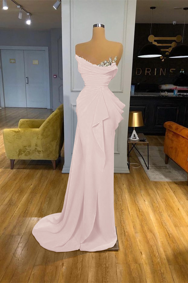 Orange Sequins Mermaid Online Strapless Pleated Prom Dress With Sleeveless