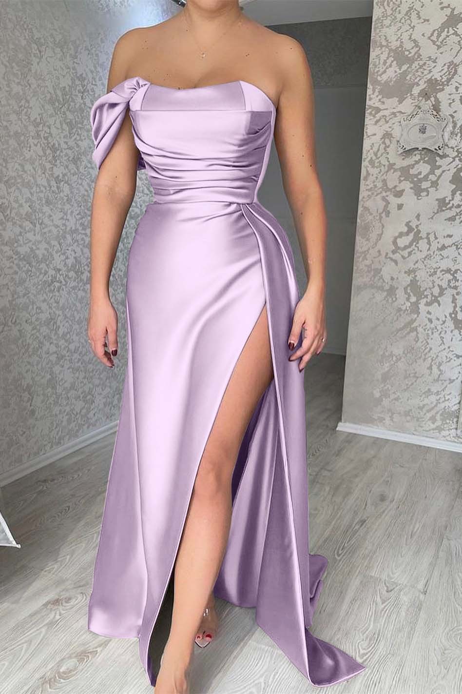 One Shoulder Sleeveless Mermaid Strapless Long Prom Dress With Side Split