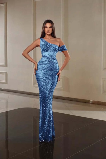 One Shoulder Sleeveless Long Mermaid Prom Dress With Beading
