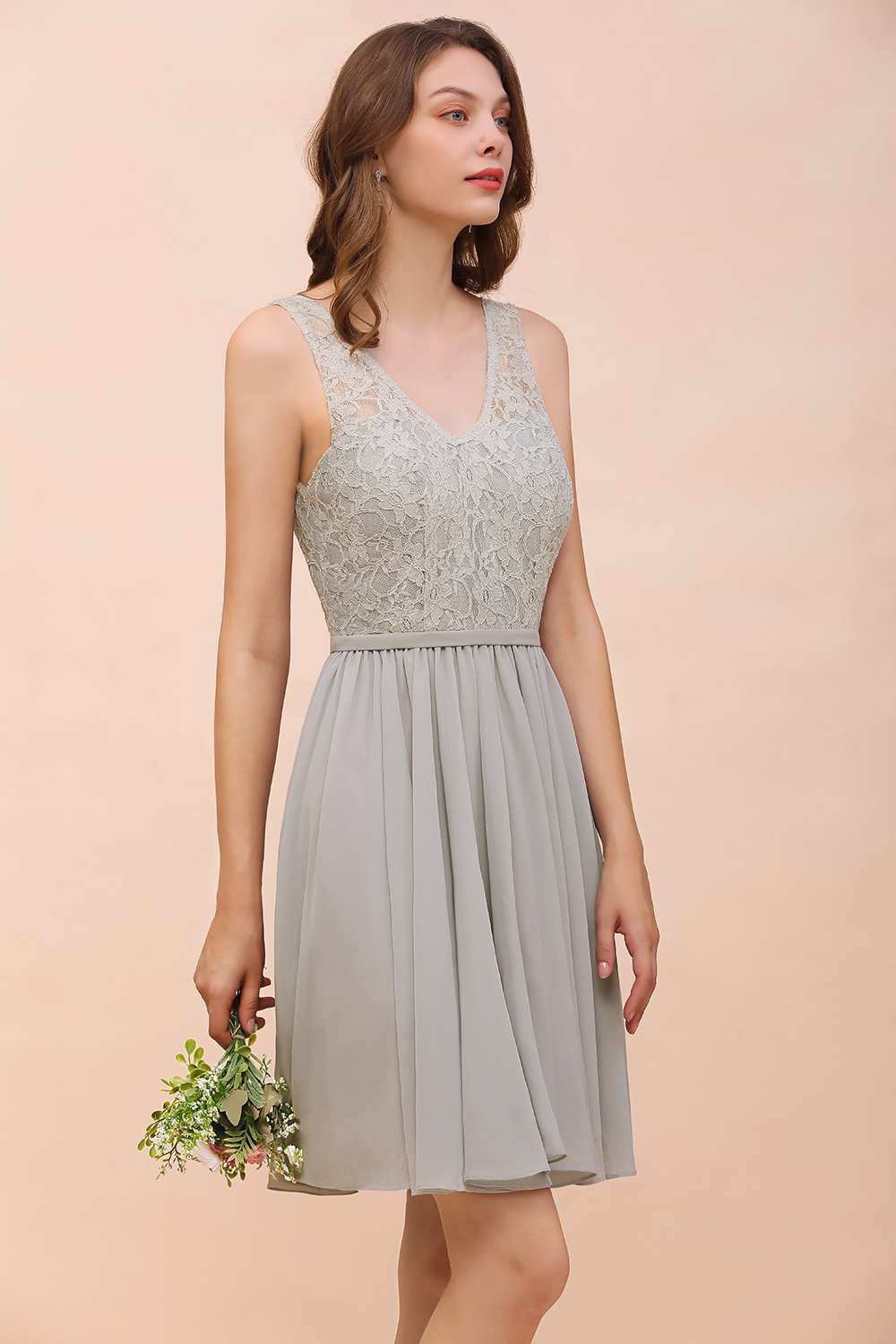 BMbridal Affordable Lace V-Neck Silver Chiffon Short Bridesmaid Dress Online-BMbridal