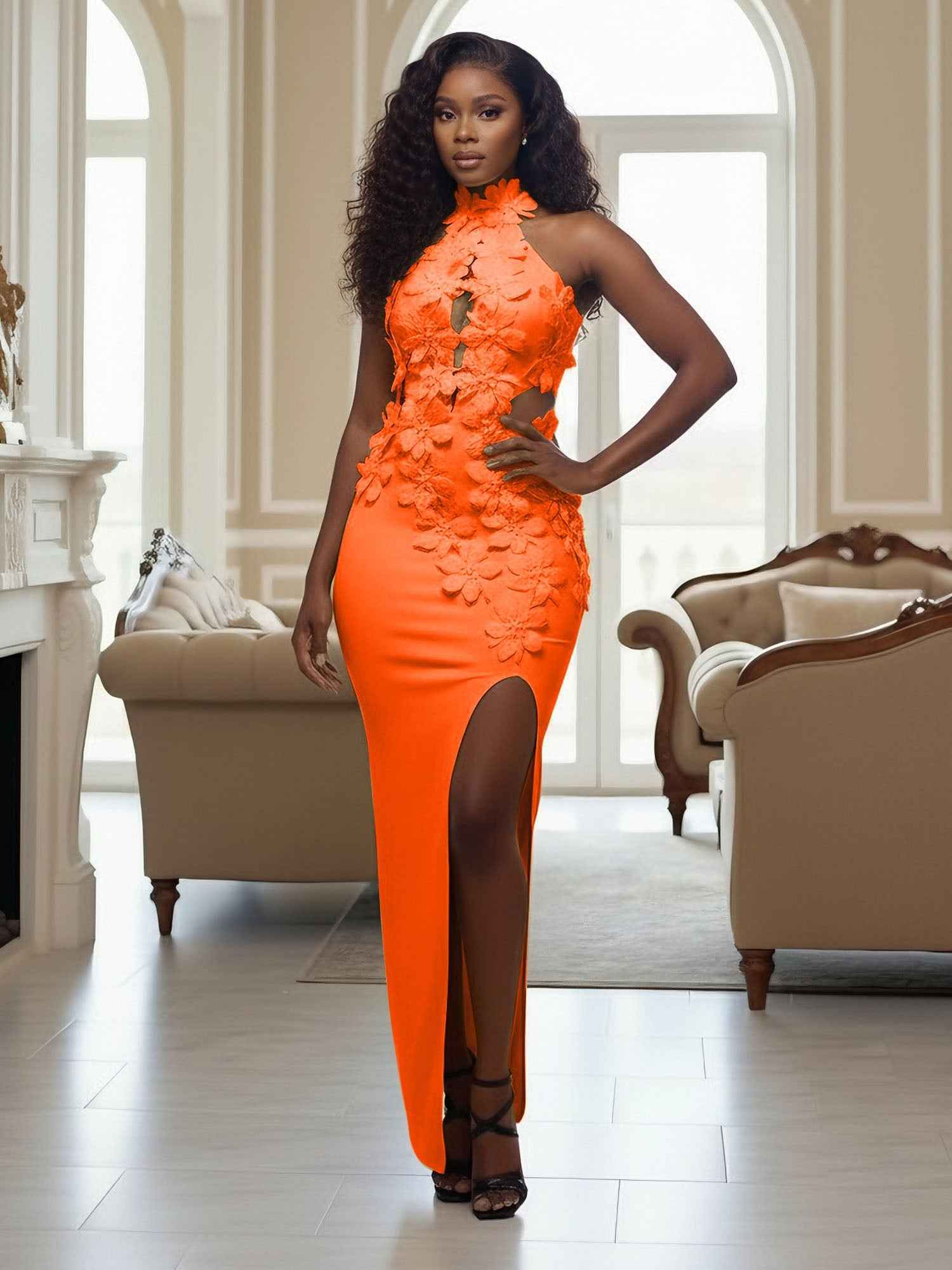 Yellow Halter Neck 3D Flower Mermaid Long Prom Dress with Slit