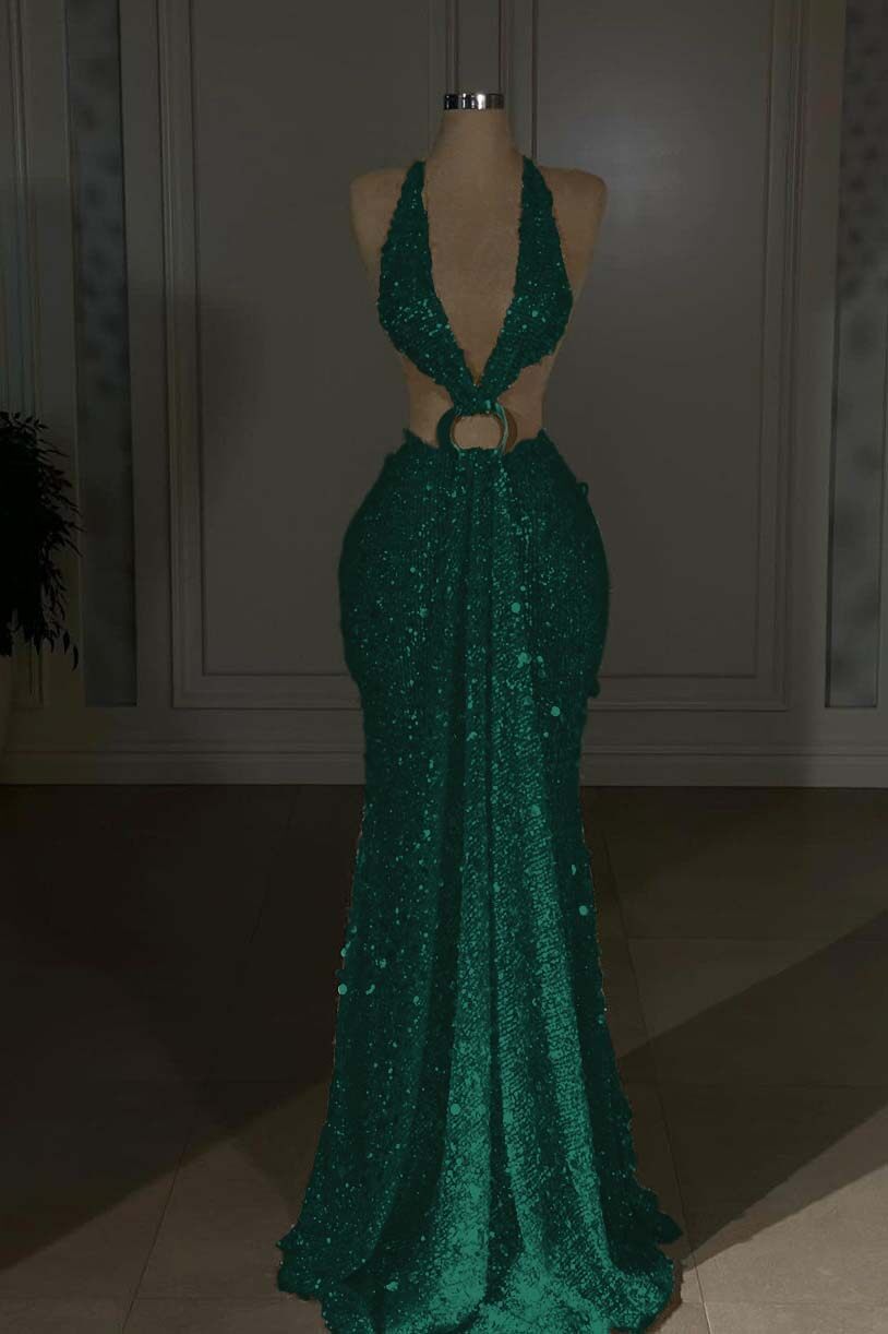 Halter Sleeveless Backless Long Mermaid Prom Dress With Sequins