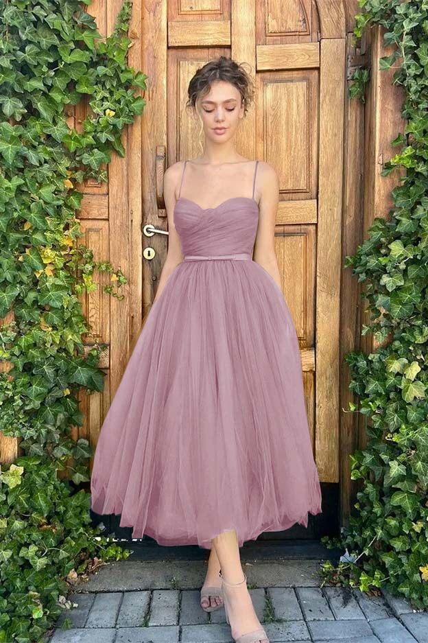 Tulle Spaghetti Strap Sweetheart Sleeveless Prom Dress With Belt