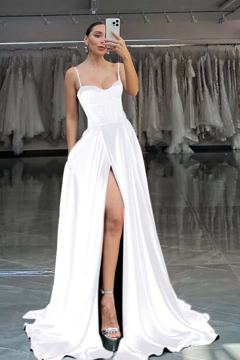 Spaghetti Strap Sleeveless Long Split Prom Dress With Pleated